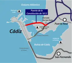 Ligging van de brug en de overige belangrijkste verbindingen tussen de stad en het vaste land