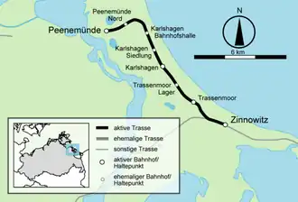 Spoorlijn Zinnowitz - Peenemünde op de kaart