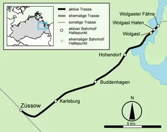 Spoorlijn Züssow - Wolgast op de kaart