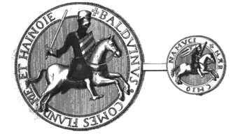 Ruiterzegel van Boudewijn (BALDVINVS) als graaf van Henegouwen en Vlaanderen (COMES FLANDRIE ET HAINOIE) en markgraaf van Namen (MARCHIO NAMVCI).