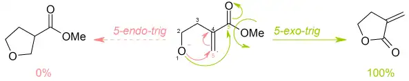 Reactie van methyl-4-hydroxy-2-methyleenbutanoaat volgens de Baldwin-regels
