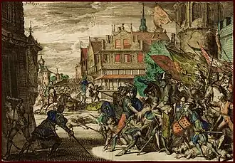 Gevecht in Thuredrith (Dordrecht) met de moord op graaf Dirk IV, ingekleurde fantasie-gravure uit Mathijs Balens Beschrijving van Dordrecht (1677).