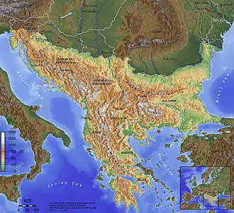 Topografische kaart van de Balkan.