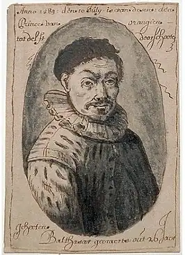 Portret van Balthasar Gerards op een pen/penseeltekening uit de 18e eeuw[1]