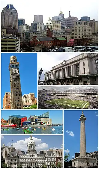 Een collage van Baltimore Downtown, Emerson Bromo-Seltzer-klokkentoren, Pennsylvania Station, M&T Bank Stadium, Inner Harbor met het nationaal aquarium, Baltimore City Hall, Washington Monument