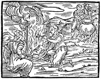 Heksen bezig baby's te koken om aldus vliegzalf te bereiden