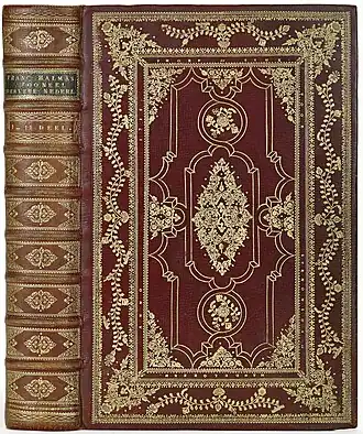 Een boekband van donker bruinkarmijn marokijn door Suenonius Manelgreen uit 1736, bron: KB, Nationale Bibliotheek van Nederland, plaatskenmerk 1792 E 15, Publiek domein via Wikimedia Commons