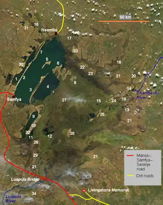 Satellietbeeld van de Bangweulu-moerassen met centraal in het oosten de hoofdbedding van de Chambeshi (blauw geaccentueerd) en de monding in het Bangweulumeer (nummer 19)
