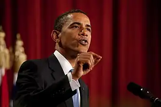 De Amerikaanse president Obama tijdens zijn speech A New Beginning op de universiteit