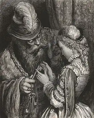Blauwbaard geeft de sleutelbos. Illustratie door Gustave Doré