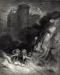 De broers galopperen per paard naar Blauwbaards burcht. Illustratie van Gustave Doré.