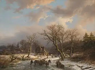 Een dorp en een oud gebouw in een boomrijk landschap aan een bevroren water (1845), Amsterdam Museum
