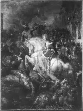 Jacoba van Beieren aanschouwt het gesneuvelde lichaam van Willem van Arkel in de straten van Gorinchem (schilderij van Barend Wijnveld)