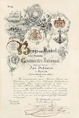 Bewijs van Aandeel in de Barkship Grootmeester Nationaal voor 500 gulden, uitgegeven in Dordrecht in december 1857. Het zeilschip was gebouwd op de scheepswerf van Jan Schouten, de medeoprichter van de loge La Flamboyante. Vrijmetselaars uit heel Nederland werkten mee aan de financiering van de bark.