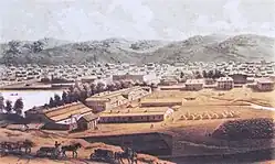 Barnaoel vanaf de rechteroever van de Barnaoelkarivier (gravure 2e helft 19e eeuw)