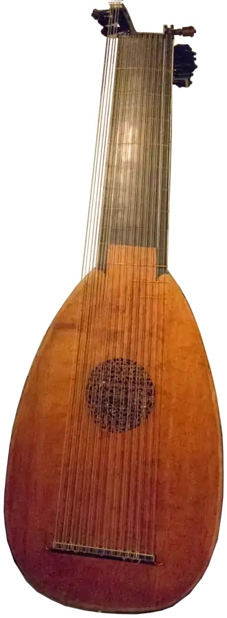 Barokluit met 2 (dubbele) bassnaren, 9 dubbele speelsnaren en 2 enkele