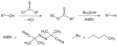 Algemeen reactieverloop van de Barton-McCombie-desoxygenering