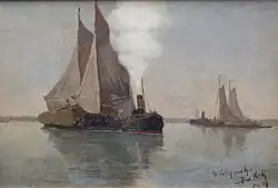 Het binnenbrengen van een schip, 1889 (met sleepboot)