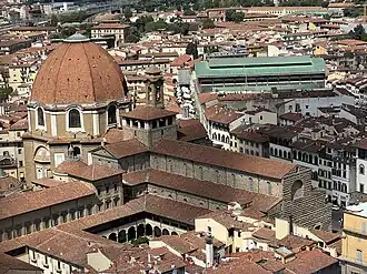 De San Lorenzo met de Vorstenkapel (links), de onvoltooide gevel (rechts) en de kruisgang van de kanunniken (voorgrond)