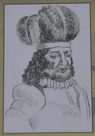Reproductie van een tekening van landgraaf Balthasar van Thüringen in het Lucas Cranach-huis in Gotha.