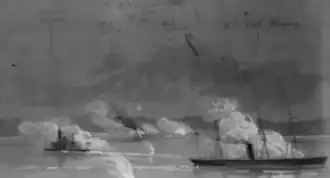 Actie tussen de U.S. schepen Pawnee en Freeborn en de Zuidelijke batterijen bij Aquia Creek. Alfred R. Waud, 1861.