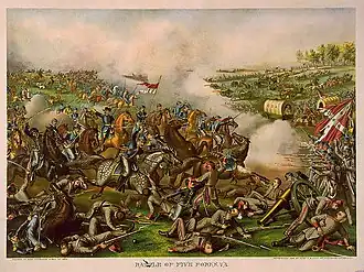 Sheridan's charge bij Five Forks (lithograph gepubliceerd c.1886)