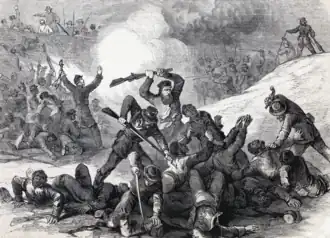 De oorlog in Tennessee: Zuidelijke soldaten slachten Noordelijke gekleurde troepen af na de inname van Fort Pillow op 12 april 1864.