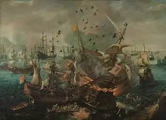 Het ontploffen van het Spaanse admiraalschip tijdens de zeeslag bij Gibraltar (ca. 1621). Cornelis Claesz. van Wieringen.