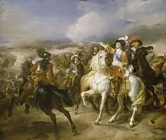 De Grote Condé voert de Franse troepen tijdens de slag bij Lens aan die zegevieren over de Spaanse troepen, geleid door aartshertog Leopold Willem, uit de Galerij der veldslagen