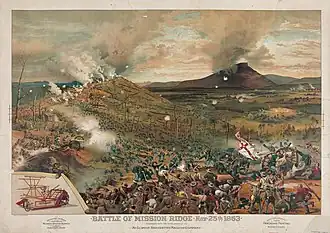 Slag bij Missionary Ridge, naar een lithografie van Cyrus McCormick, 1886.