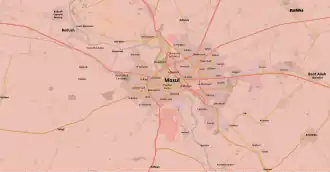 alt=Militaire kaart van Mosoel Zwart: Onder controle van IS Rood: Onder controle van de Iraakse regering Geel: Onder controle van de Peshmerga