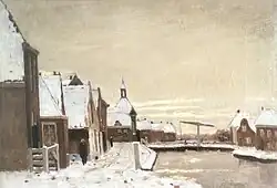 Winterse dorpsgezicht met ophaalbrug