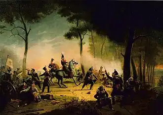 De Vrijwillige Jagers der Leijdsche Hoogeschool, in het Avond gevecht te Bautersem, op 11 Augustus 1831. 1832, olieverf op doek, Academisch Historisch Museum, Leiden