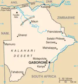 Botswana met Zuid-Rhodesië (het huidige Zimbabwe) aan de noordoostgrens.