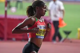 Beatrice Chepkoech in actie op de WK van 2019 in Doha.