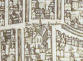 Detail op kaart uit 1580 waarop het klooster te zien is.