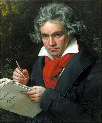 Portret van Ludwig van Beethoven Beethoven schrijft in het manuscript Missa Solemnis opus 123 (1820), Joseph Karl Stieler, Beethoven-Haus