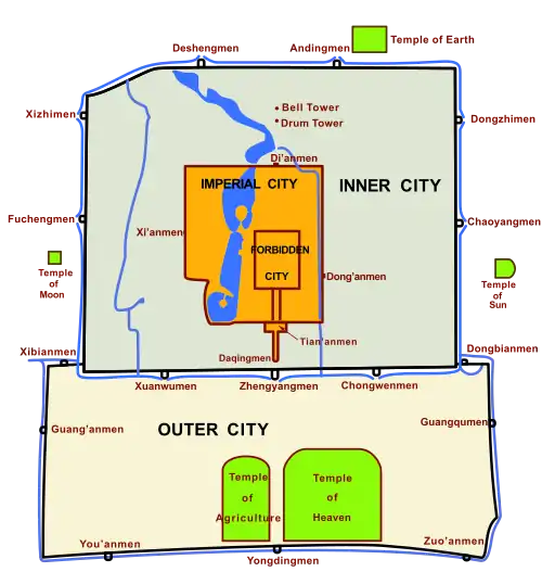 Oud stadsplan. Het plein beslaat de ruimte tussen Tienanmen en Zhengyangmen