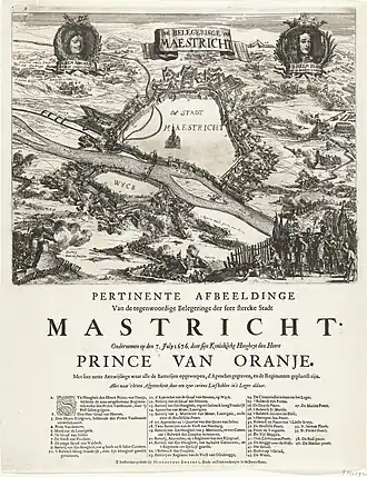 Vogelvluchtperspectief van het beleg, juli 1676. Linksboven Willem Adriaan van Horne; rechts Willem III