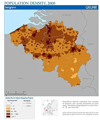Bevolkingsdichtheid in België, de Vlaamse ruit is duidelijk te zien als een gebied met een hogere bevolkingsdichtheid.