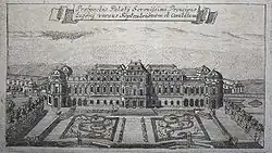 De tuinen rond het Belvedere in Wenen op een ets van rond 1753