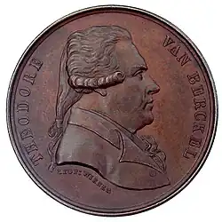 Portret van Theodoor Victor van Berckel op een penning van de Société Royale de Numismatique de Belgique gemaakt door de graveur Leopold Wiener in 1871.