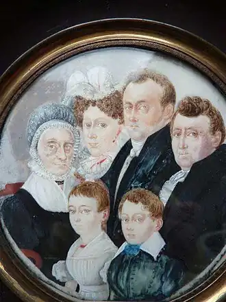 Rechtsachter Adrianus van Bergen en linksachter zijn vrouw Hendrika (Henrikje) Westerveld, in het midden achter hun dochter Maria van Bergen en haar echtgenoot Nicolaas IJzendoorn, vooraan de kleinkinderen Henrietta Maria en Albertus Adrianus
