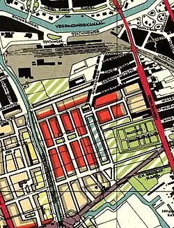 Fragment van het Plan van uitbreiding van de gemeente Groningen uit 1932 van Berlage-Schut met het plan voor de Rivierenbuurt. In rood de geplande woningen voor arbeiders in gebroken wit de woningen voor middenstanders. In het midden van de wijk was een grote vijver gepland. Plantsoenen waren gepland rond de Zuiderbegraafplaats en ten noorden van de Parkweg. De eerste contouren van de latere zuidelijke ringweg staan hier ook al op aangegeven. Een deel van dit plan werd gewijzigd in het Structuurplan van 1950.
