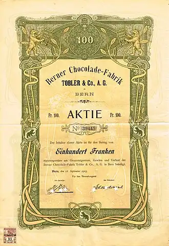 Een aandeel van de chocoladefabriek, uitgegeven op 18 september 1905.