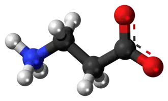 Zwitterion van β-alanine met links de positief geladen ammoniumgroep, rechts de negatief geladen carboxylaatgroep