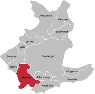 Ligging van Dalhausen in de gemeente Beverungen
