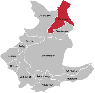 Ligging van Wehrden in de gemeente Beverungen