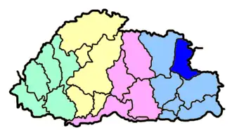 Locatie van het district Trashiyangste in Bhutan (aangegeven in donkerblauw)