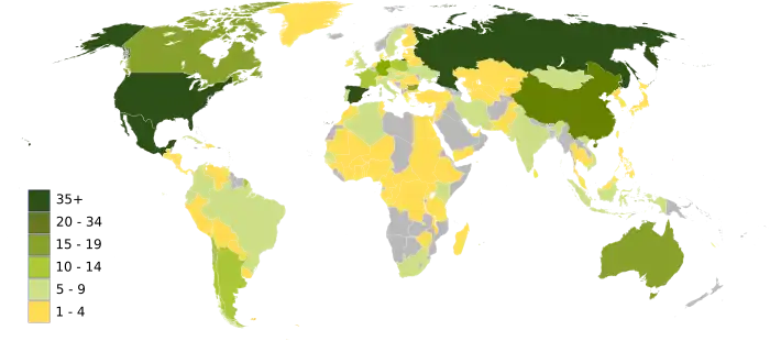 Wereldkaart die de verdeling van gebieden binnen het MAB-netwerk weergeeft.